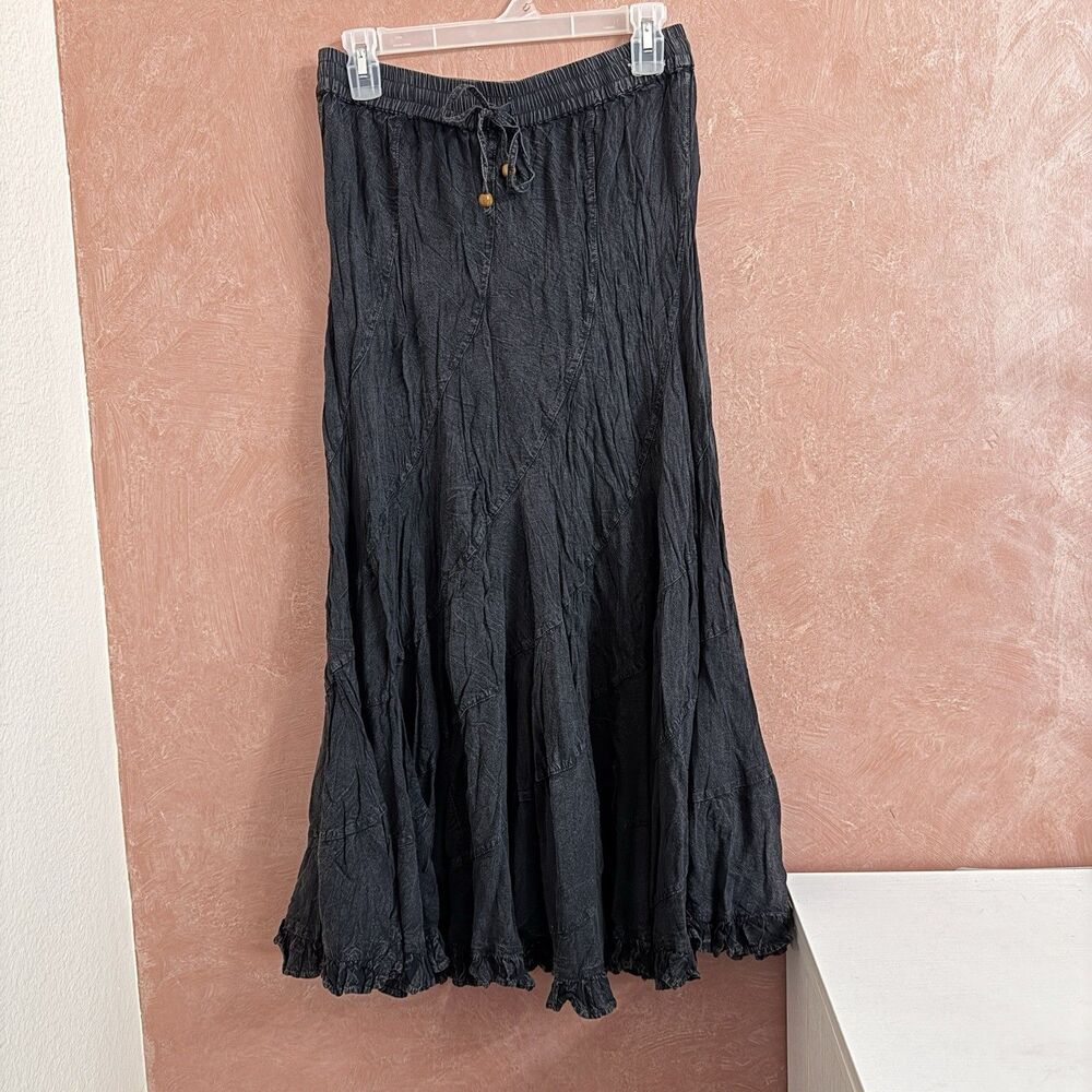 Young Threads Black Textured Geometric Paneled Maxi Skirt Boho Viscose Large New